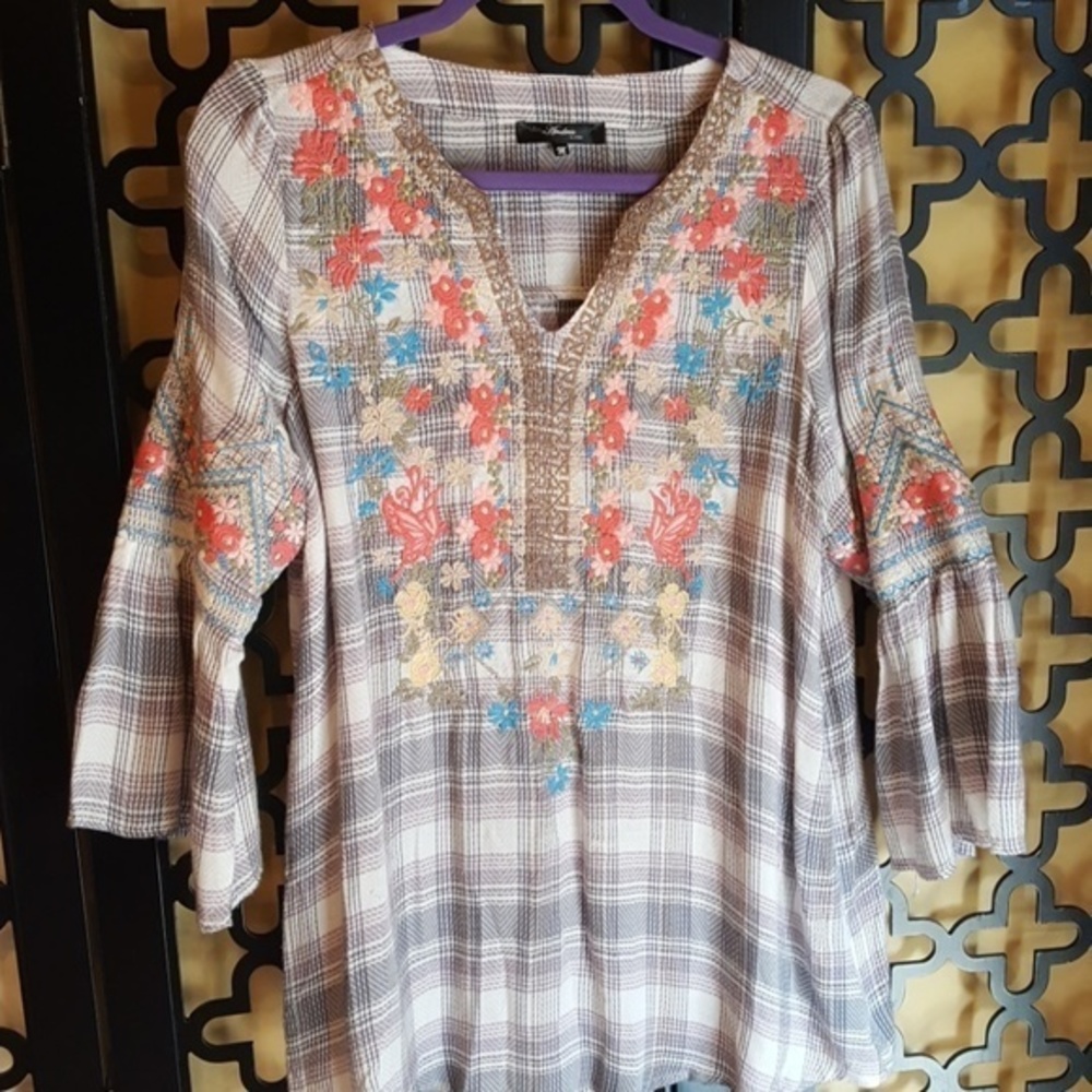 PIONEER WOMAN Andree by Unit PURPLE FLORAL BROWN PEASANT TUNIC BLOUSE MEDIUM‎